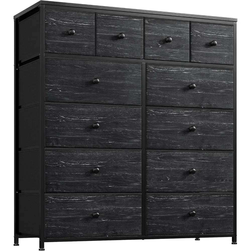 

Black Dresser for Bedroom with 12 Drawers, Bedroom Dresser with Wooden Top and Metal Frame, Tall Dressers & Chests of Drawers