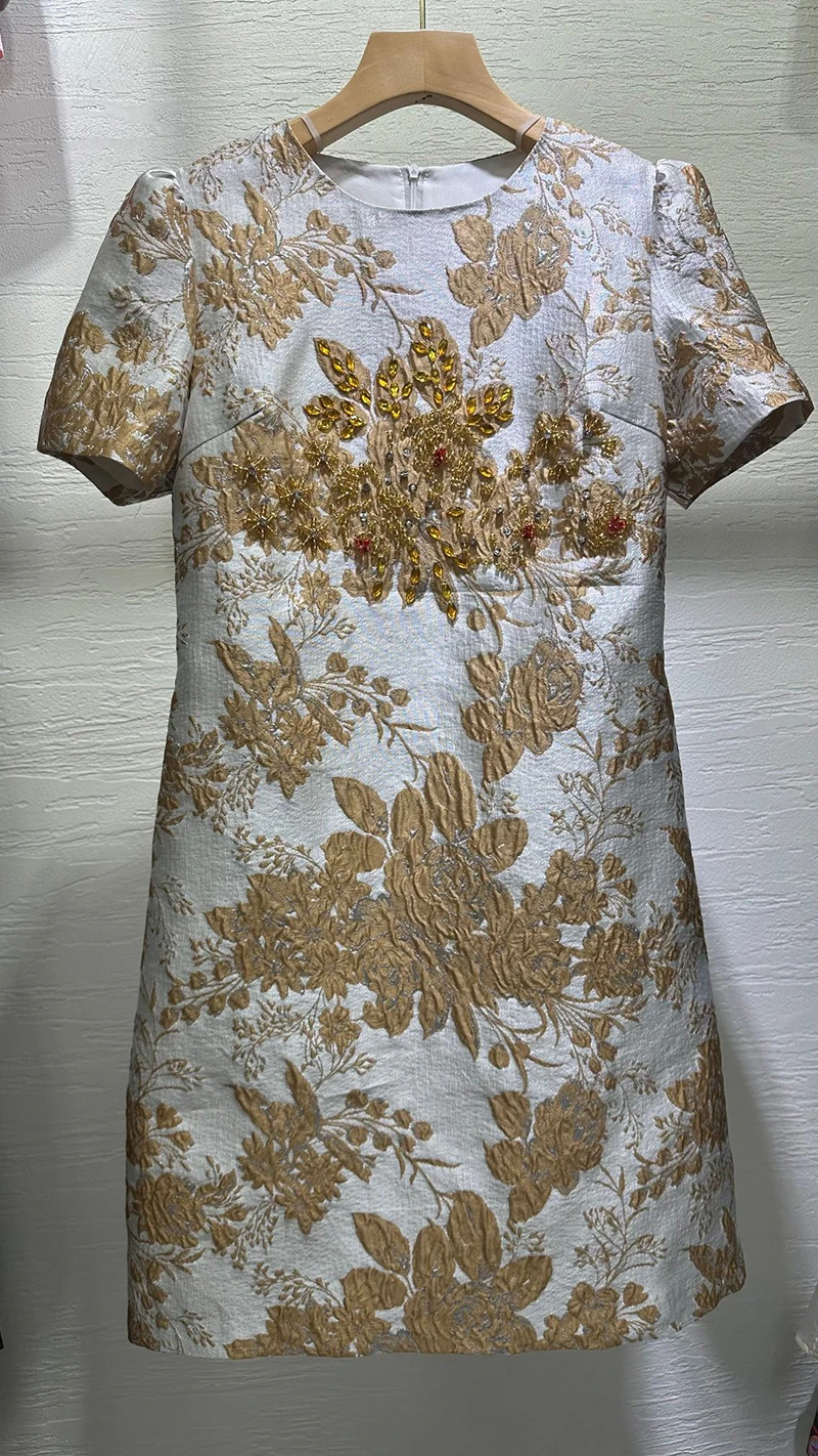 MIUXIMAO 2025 moda real lujo Jacquard vestidos de verano vestido Floral dorado A-LINE vestido corto de diamantes mujeres Vestides