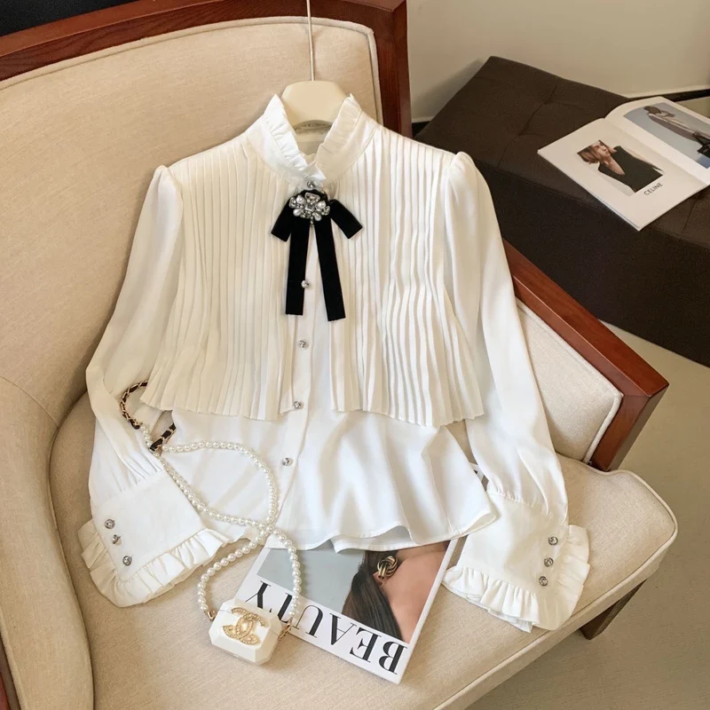 

Sweet Diamond Bowknot White Chiffon Shirts Women Elegant Ruffles Stand Collar Long Sleeve Office OL Casual Blouses Tops Mujer