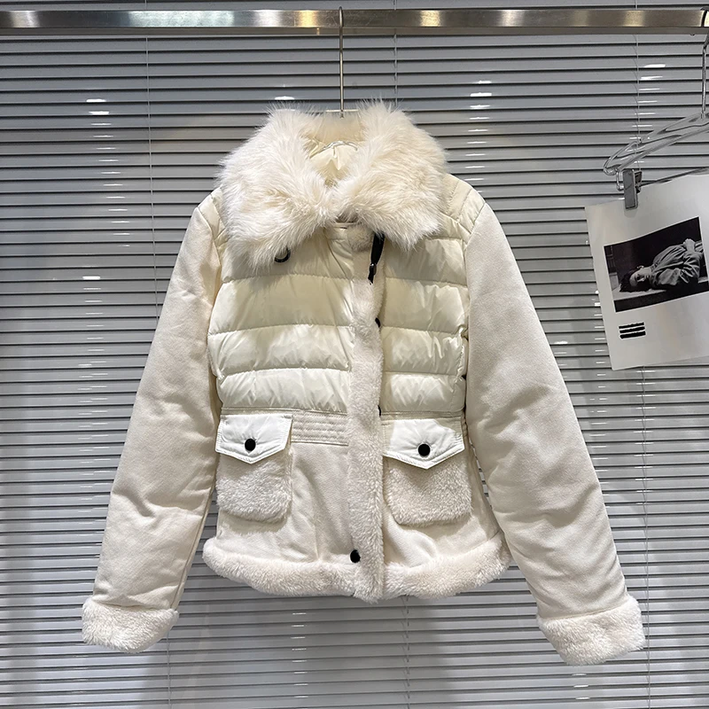 

Winter Natural Fur Collar Parker Fleece Down Jacket Women White Duck Down Solid Casual Outwears Female Zipper Warm Slim Jackets