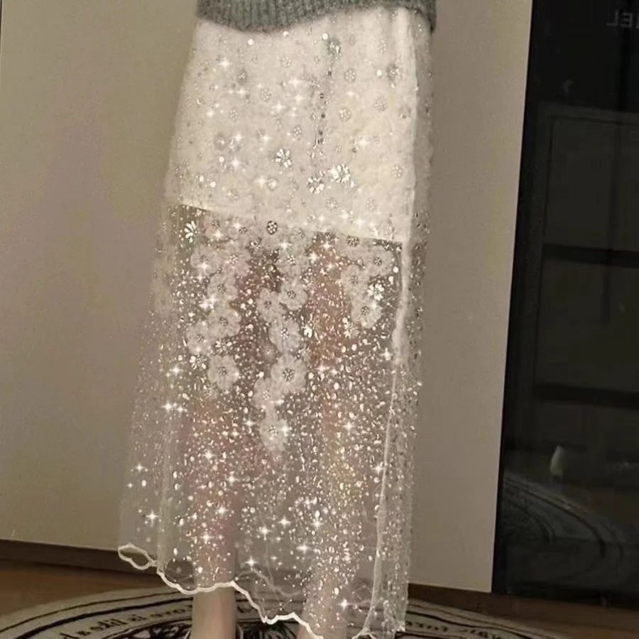 New 2026 White Heavy Embellished Sequin Half Skirt Women's Elegant High-End Feeling Net Straight Long Skirt Commute Style