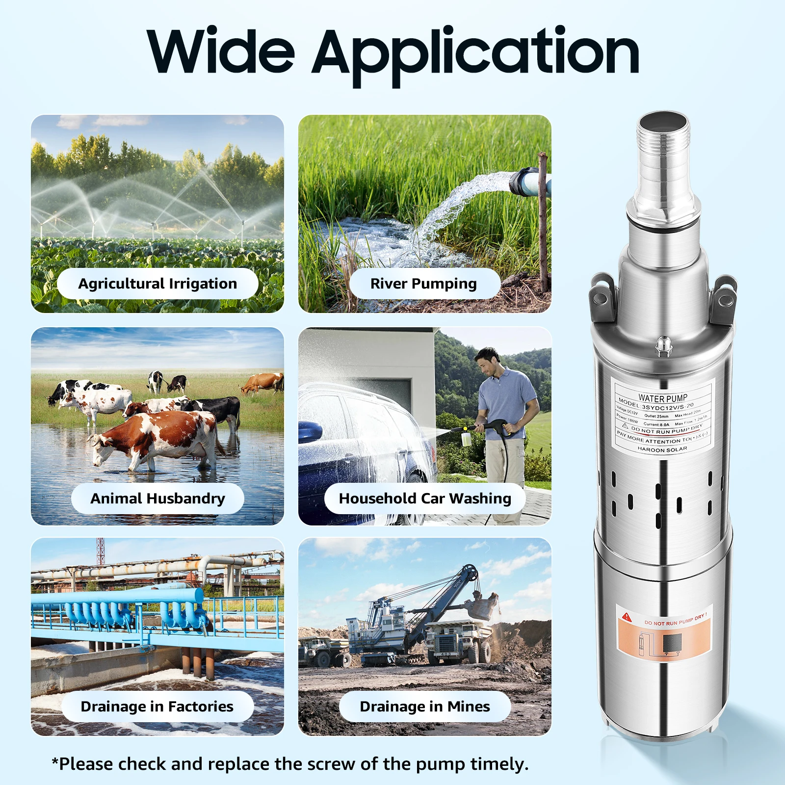 12V Solar Water Pump Farm Ranch Submersible Irrigation Bore Deep Well Screw Pump Bore Hole Deep Well Pump 180W 5.28GPM