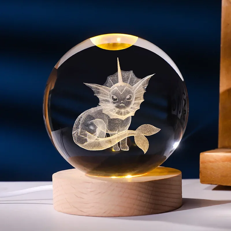 6cm Pokemon 3D Kristallkugel Pikachu Gengar Eevee Planeten-Nachtlicht Lasergravur Glas Pokeball Statue Sammlerstücke