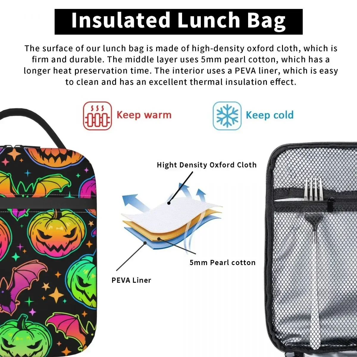 Halloween Kürbisse Fledermäuse isoliert Lunch Bag tragbare wieder verwendbare Thermo tasche Tote Lunchbox Arbeit Picknick Männer Frauen