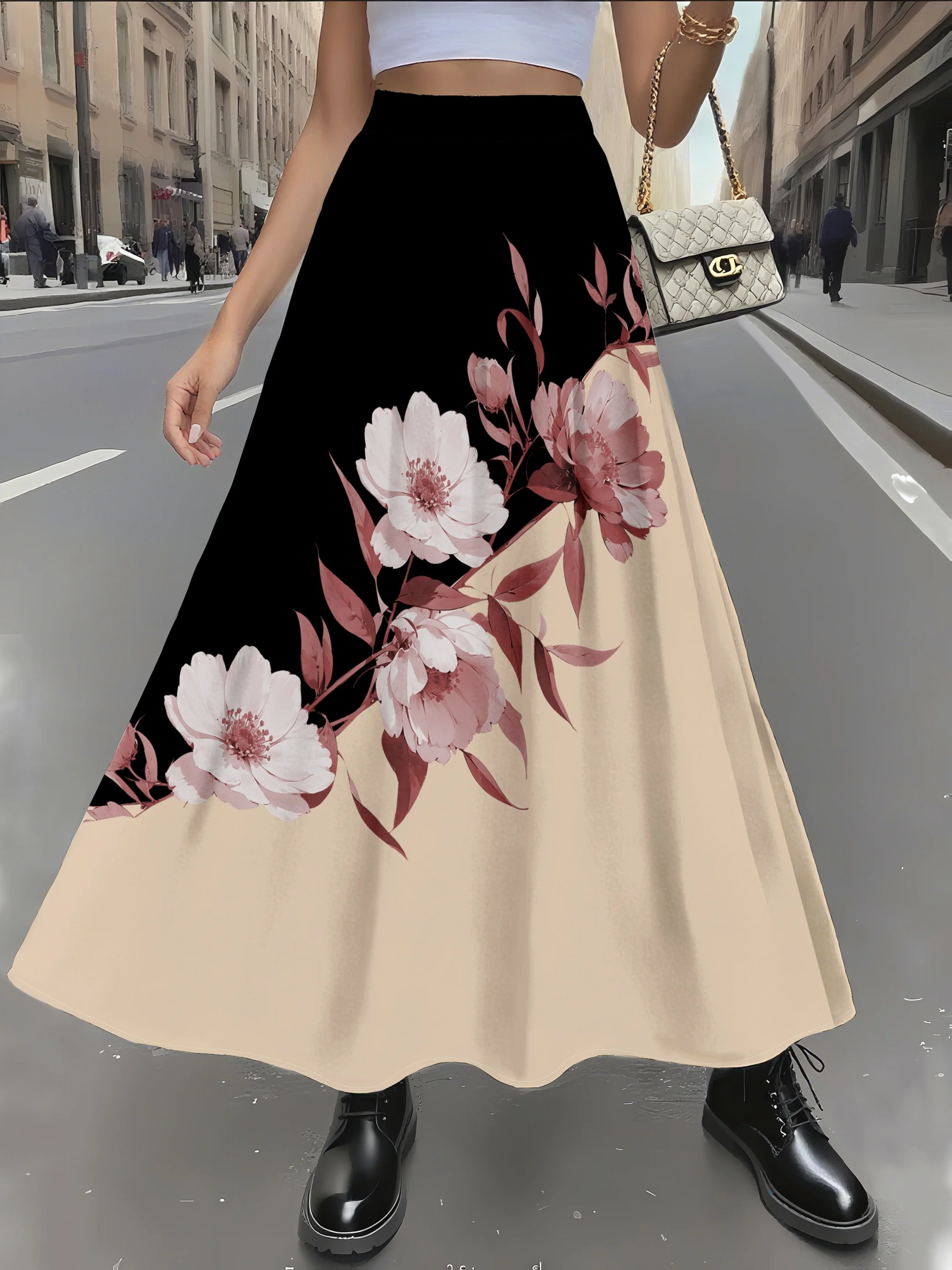 

Юбка в отпускном стиле с цветочным принтом на четыре сезона и черным рисунком в виде рисовых зерен.