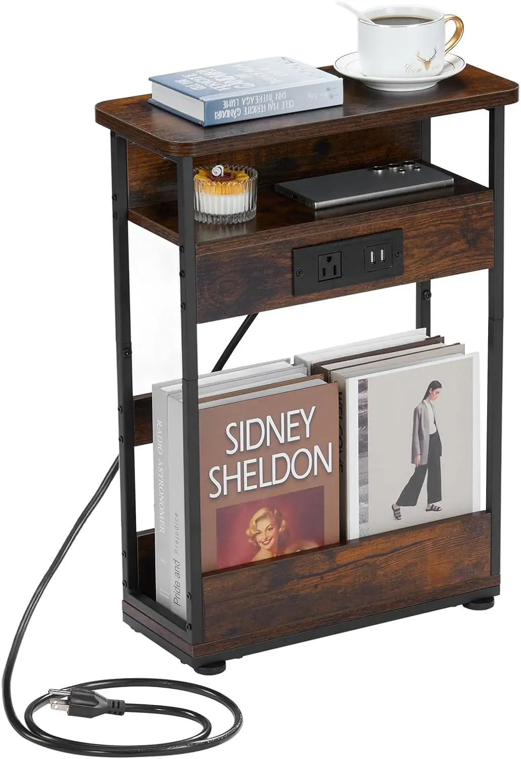 

Narrow Side Table with Charging Station, 3-Tier End Table with 2 USB Ports and Power Outlets, Thin Bedside Table for Small