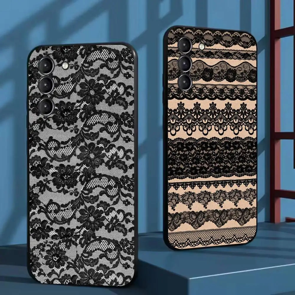 

Black lace print New Hot Phone Case For Samsung Galaxy A 91,80,73,72,71,53,52,51,22,5G Shockproof Soft Black Cover