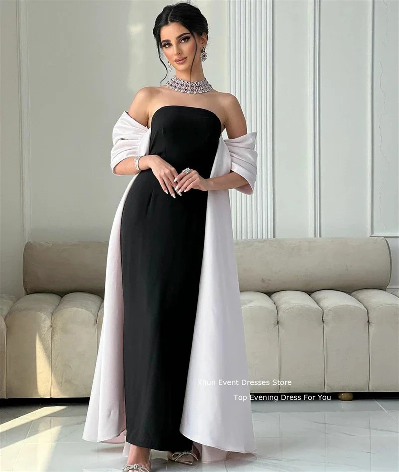 Customized Yipeisha Fashion Strapless Black Satin Evening Dresses Ankle Length With Streamer Off the Shoulder A-line Formal Part image 2