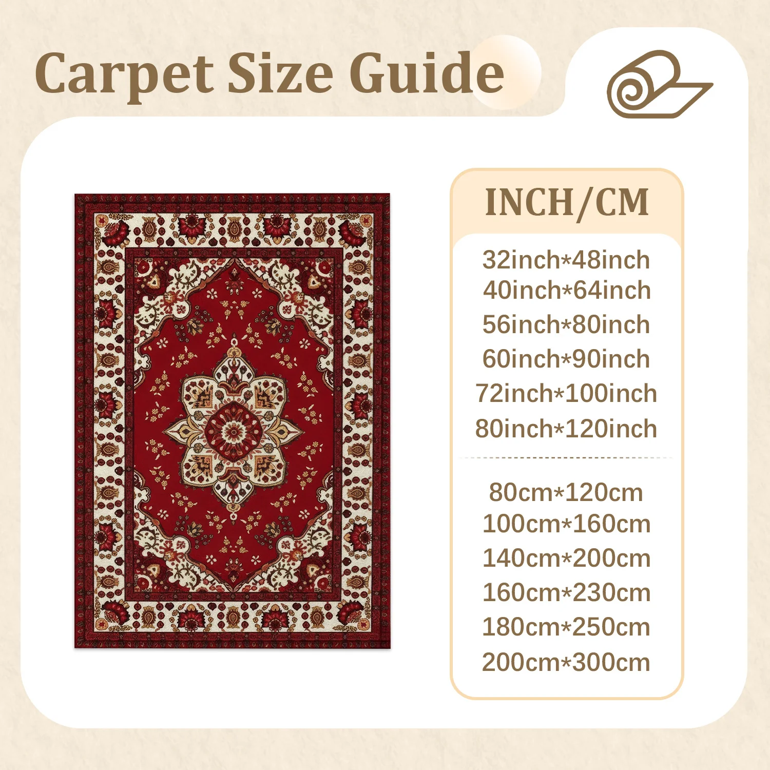Large Indoor Area Rug, Soft Velvet Low Pile Non-Slip Dotted Backing, Machine Washable Traditional Persian Medallion Area Rug, Red Cream Vintage Style for Living Room Bedroom Dining Room Home Decor