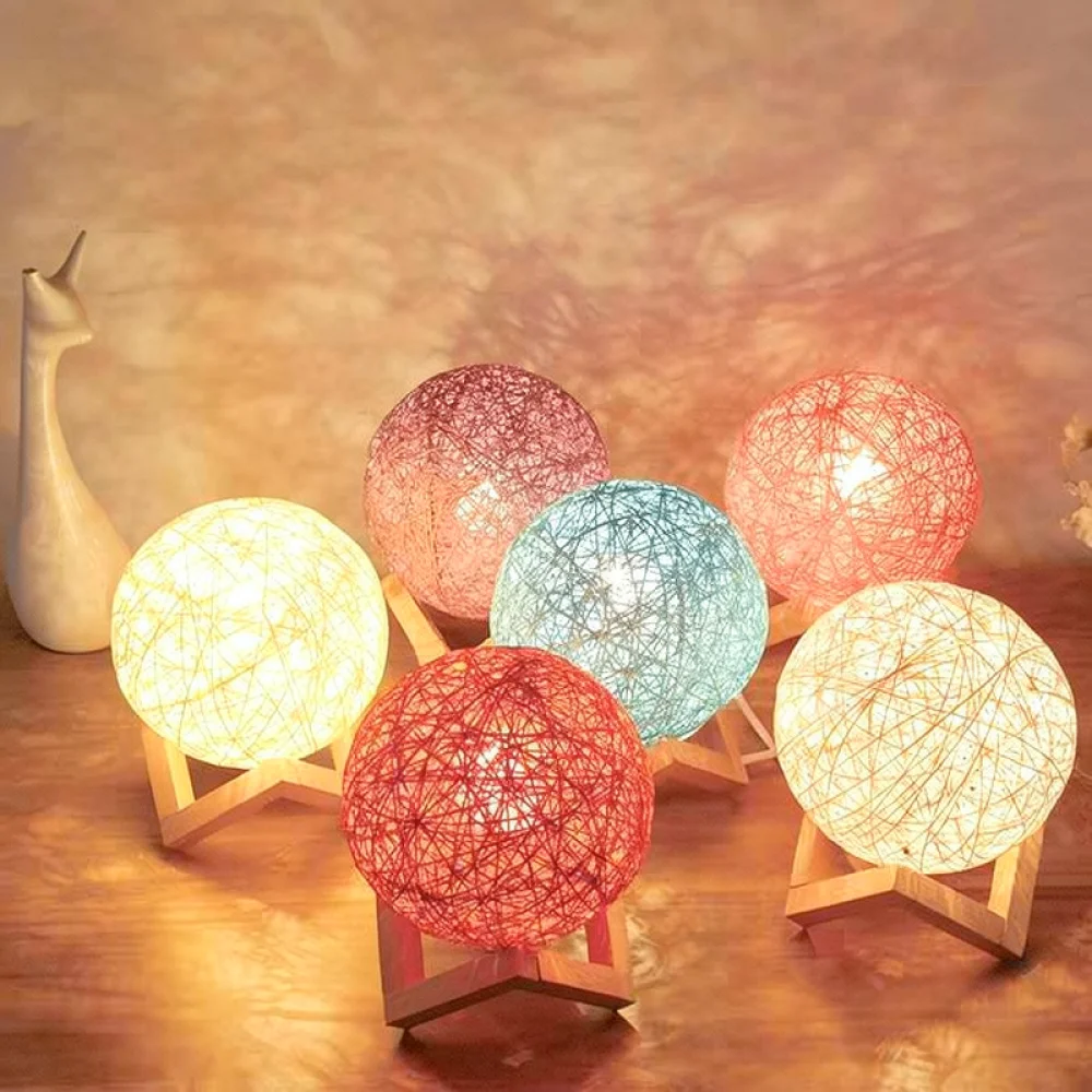 Rattan Ball Table Lamp Wooden Base Minimalist Bedside Night Light Modern Decorative Desk Lighting Bedroom Home Decor