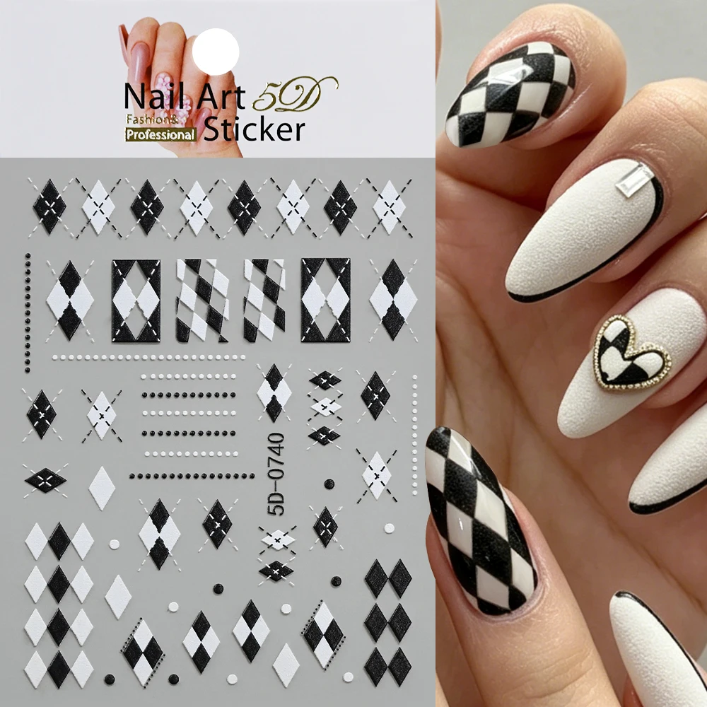 1Pcs 5D Black White Rhombus Plaid Dots Nail Stickers Retro Chessboard Self-Adhesive Nails Decals Classic Grids Manicure Sliders