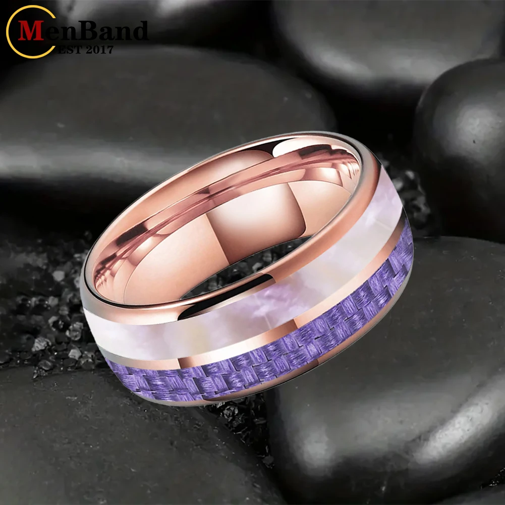 

MenBand Fashion 6MM 8MM Men and Women Marriage Tungsten Ring Inlaid Purple Carbon Fiber and Pink Abalone Shell Comfortable Fit