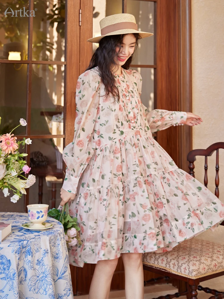 ARTKA 2025 Primavera Nuove Donne Vestito Elegante Allentato Stampe Floreali Abiti O-Collo Midi A Vita Alta Abito In Chiffon Femminile LA92236C