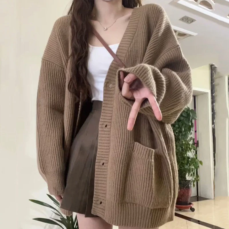 Rimcoy Harajuku Loose Brown Cardigan Women Chic V Nekc Single Breasted Knitted Cardigans Woman Autum Winter Student Sweater Coat