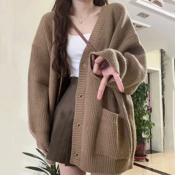 Rimcoy Harajuku Loose Brown Cardigan Women Chic V Nekc Single Breasted Knitted Cardigans Woman Autum Winter Student Sweater Coat  Best5