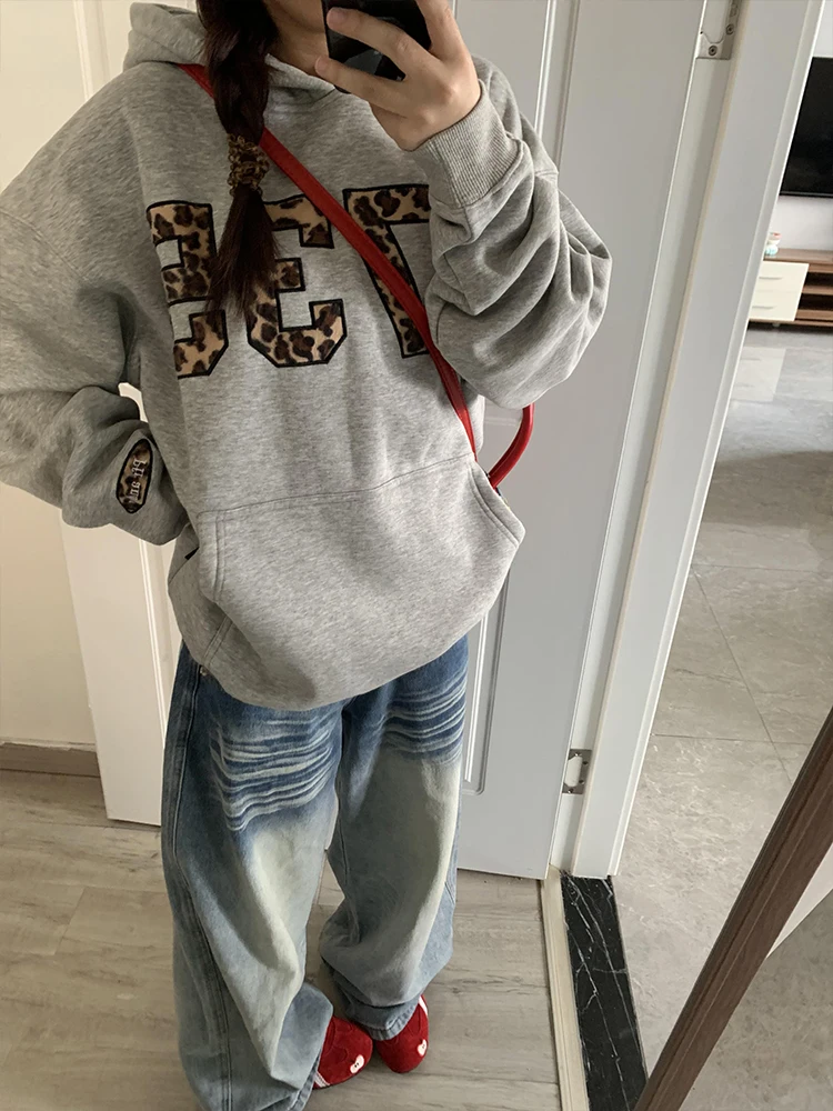 

Retro American Leopard Print Patchwork Embroidery Hoodie Women's Autumn Winter Thiened Design Couple Loose Outerwear