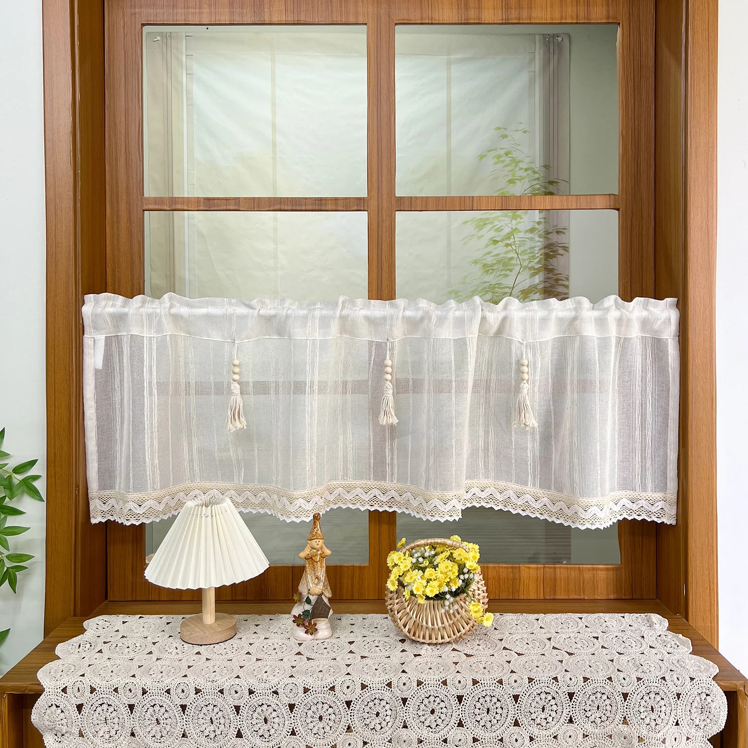 

Imitation Linen Texture Tulle with Tassel Half Curtain for kitchen Window Rustic American Country Small Curtains 1 Panel