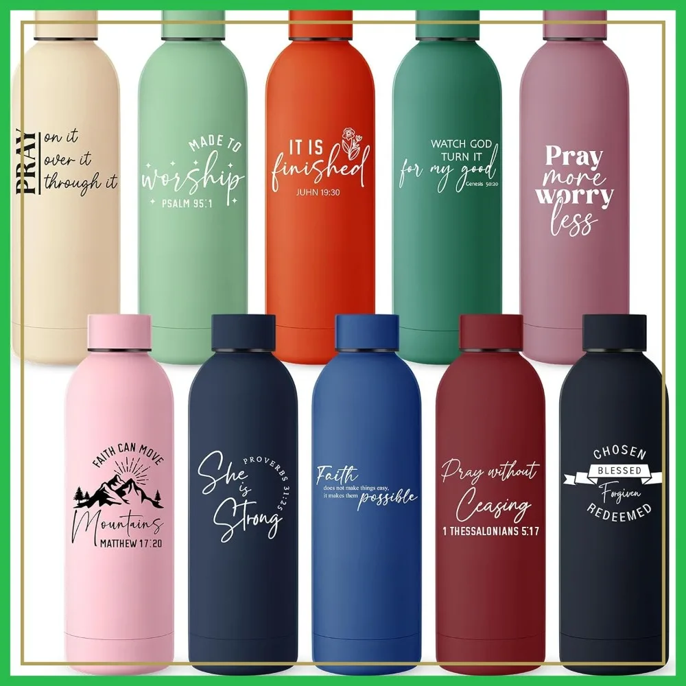 

10 Pcs Stainless Steel Water Bottles 17oz Christian Bible Verse Cups Religious Gifts for Women Church Assorted Colors