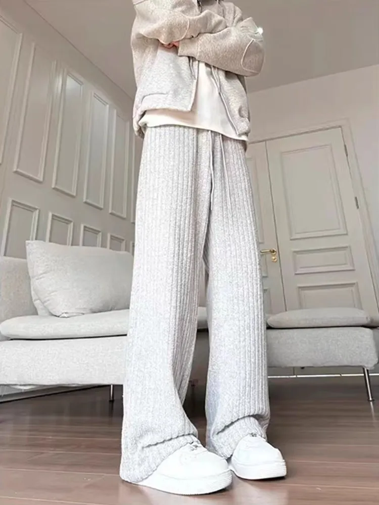 

Silver Fur Lined Knitted Sweatpants Straight Leg Casual Trousers for Men And Women Thiened Fce Autumn Winter Sport P...