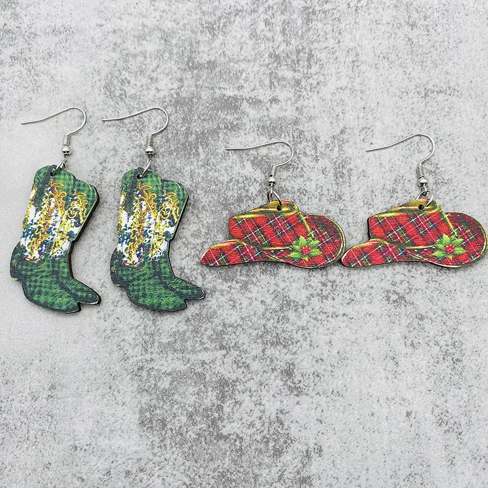 New Christmas Earrings Jewelry Red Green Plaid Boots Western Cowboy Hat Wooden Earrings for Women Holiday Decorative Gift