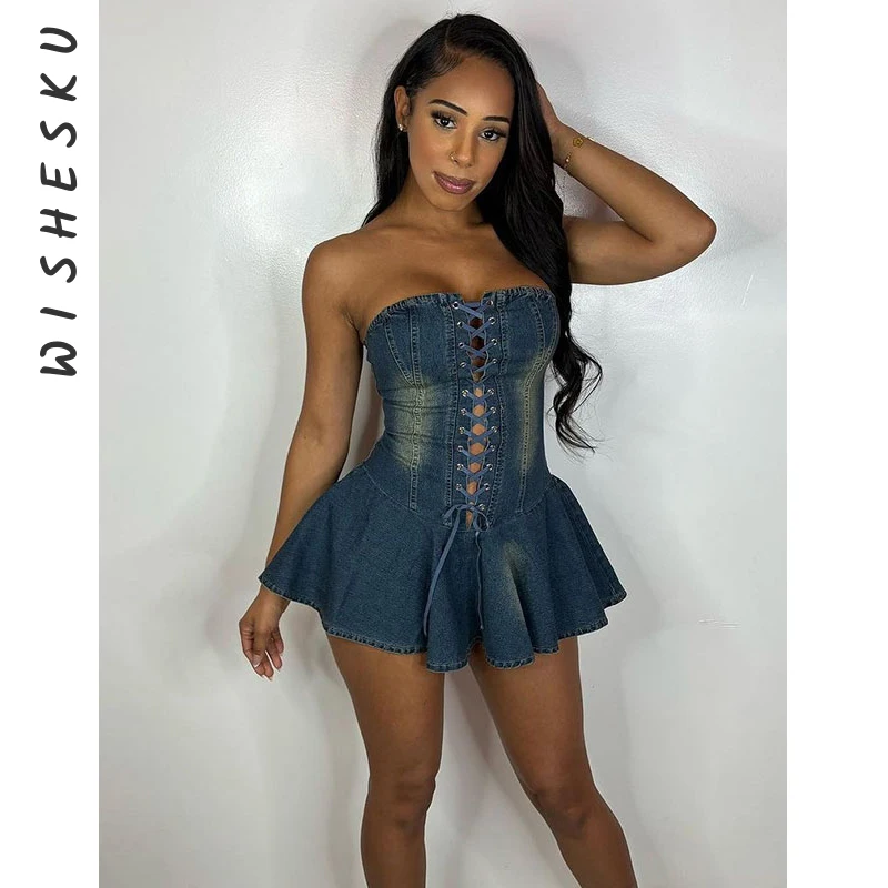 Women Sexy Starpless Denim Mini Dress Drawstring Lace Up Vintage Bodycon A-line Vestidos Streetwear Fairy Grunge Clothes 2024