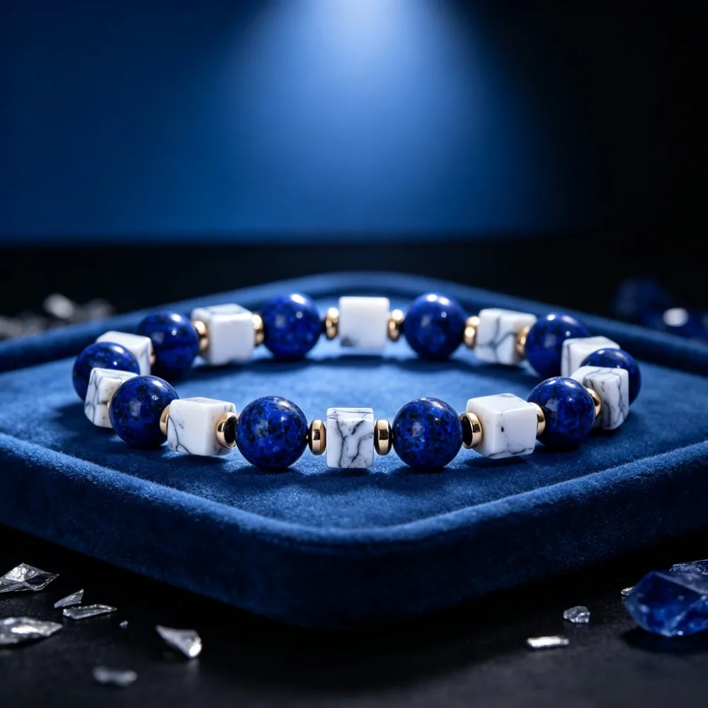 Natural Lapis Lazuli and White Turquoise Beaded Bracelet – A Crystal Bracelet to Enhance Judgment; Minimalist Versatile Jewelry