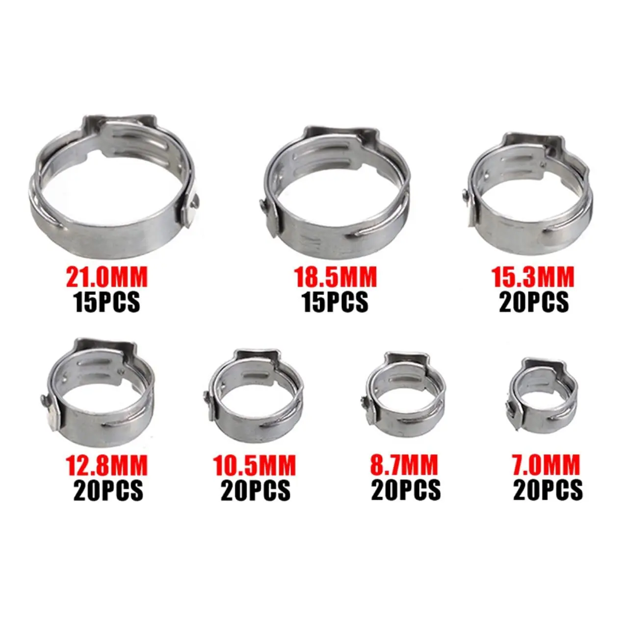 130 ชิ้น 7 ขนาด 304 สแตนเลสสตีลหูเดี่ยวท่อ Clamps 6-21 มิลลิเมตร Crimp ท่อ Clamp Assortment Kit Crimp Pinch Fitting เครื่องมือ