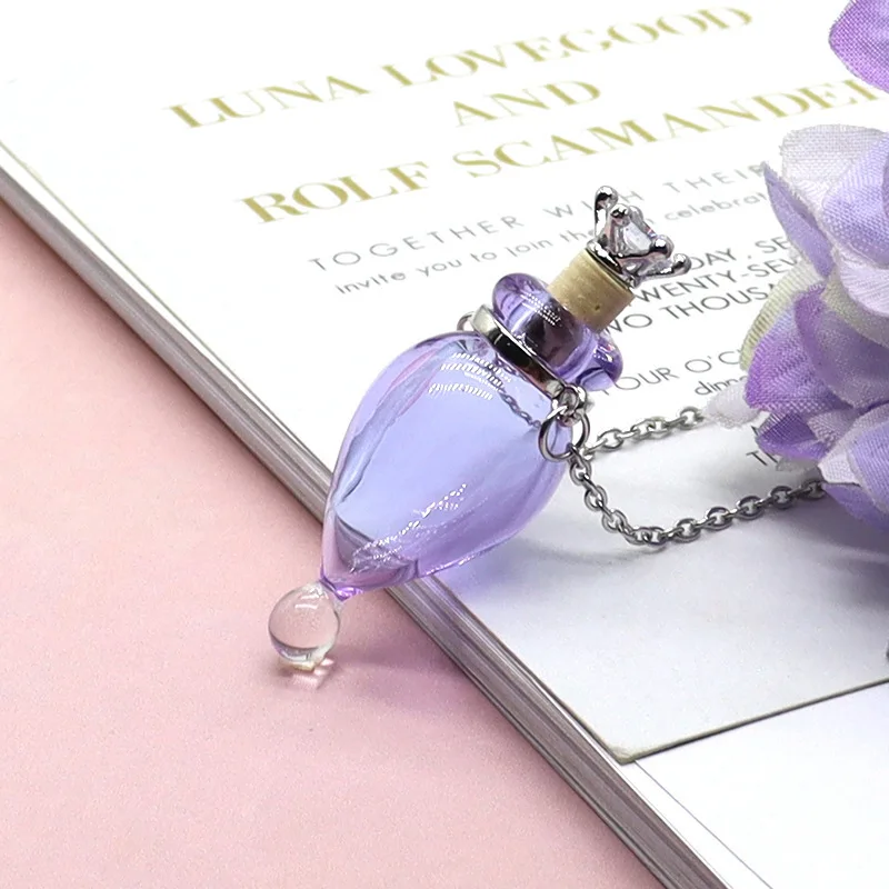 Water Drop Perfume Essential Oil Bottle Colored Glass Pendants DIY Fashion Women's Wishing Bottle Fragrance Expanding Necklace