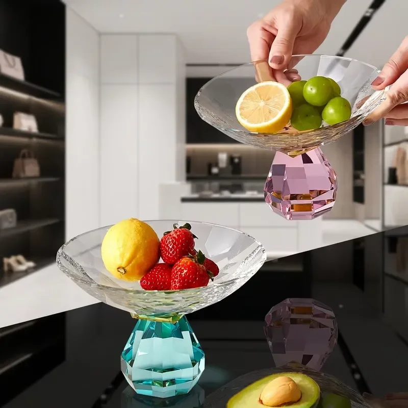 Elevated High-footed Round K9 Crystal Two-tone Fruit Platter Hand-polished Living Room Dessert Tray & Stylish Fruit Bowl