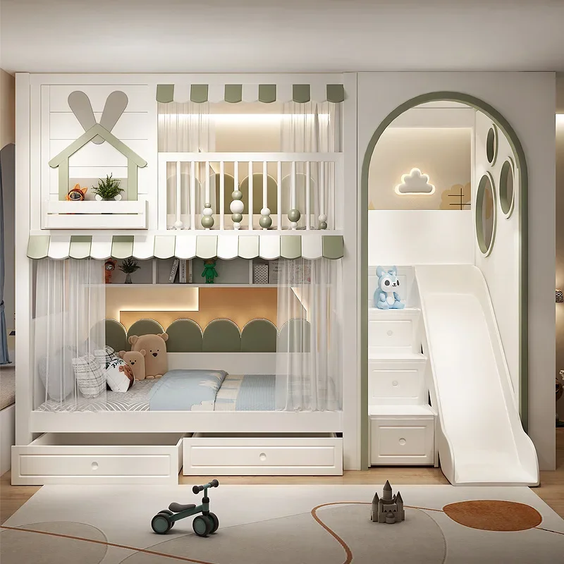 All solid wood two-layer children on and off the bed, bunk bed, high and low child and mother boy princess bed tree house