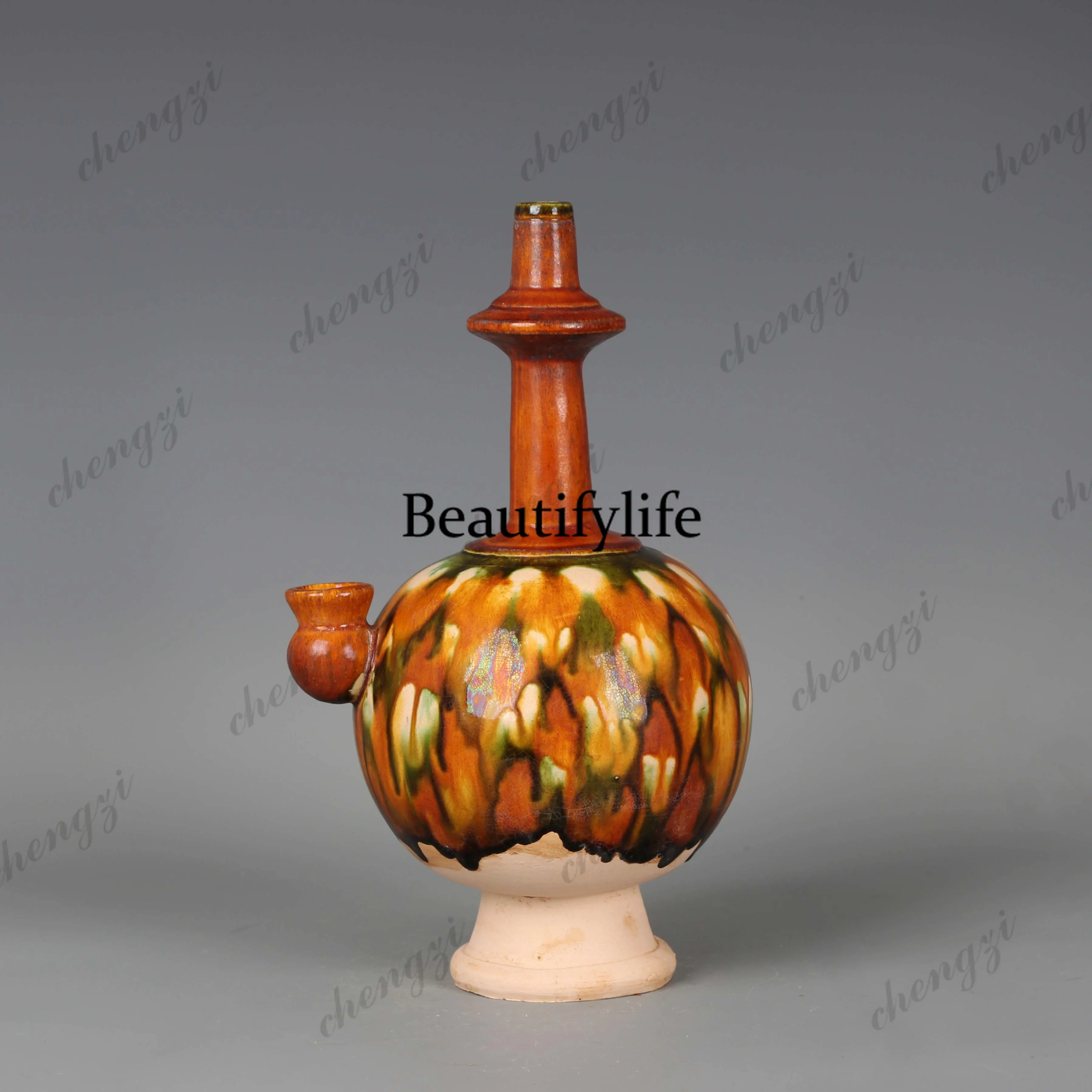 Three-color kiln-changed glaze net bottle retro study room tea room furnishings, collection ornaments