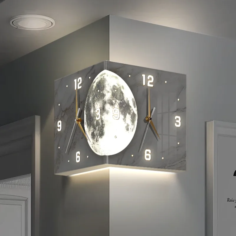 iving room corner double-sided luminous creative clock wall lamp moon sun angle wall clock no punch corner clock