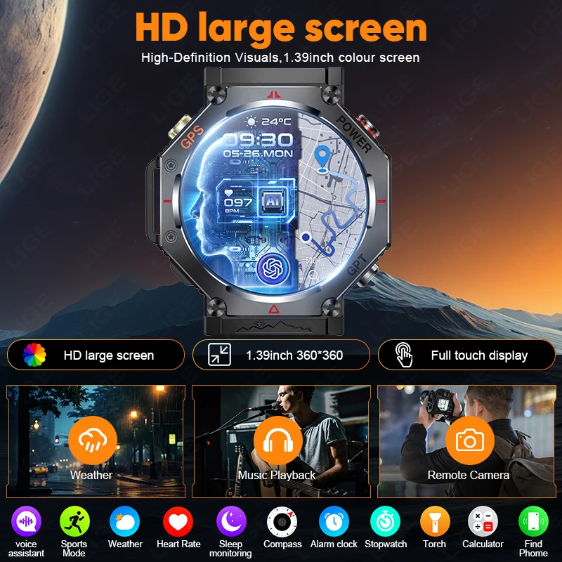 LUIK Robuuste buitensport GPS-padtracking Smart Watch met zaklamp Kompas 3ATM Waterdichte Bluetooth-oproep Heren Smartwatch