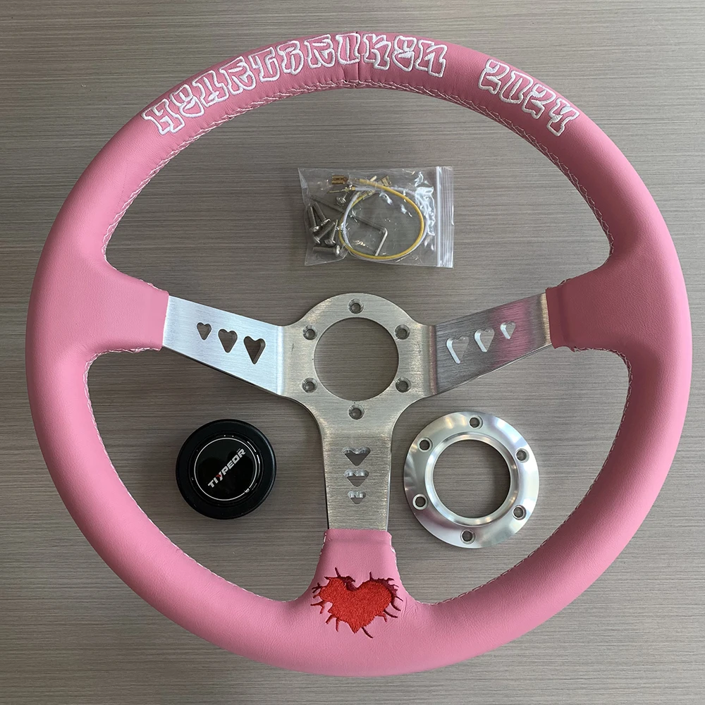 Heart Leather JDM Style Heartbreak Series Pink Embroidery Custom Steering Wheel