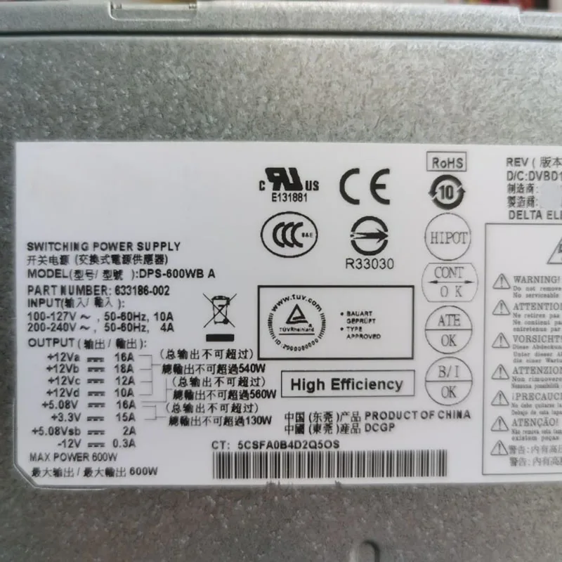 Imagem -03 - Fonte de Alimentação do Interruptor Cto para hp 633186002 633186-001 Dps600wb a 600w Envy h8 h9 800 810 Phoenix H91400t