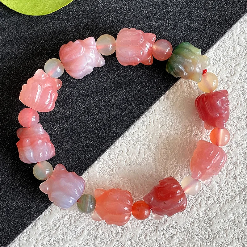 Natural Stone Yanyuan Agate Charms Bracelet Women Stud Candy Assort Colored Carved Nine Tails Fox Beaded Crystal Healing Jewelry