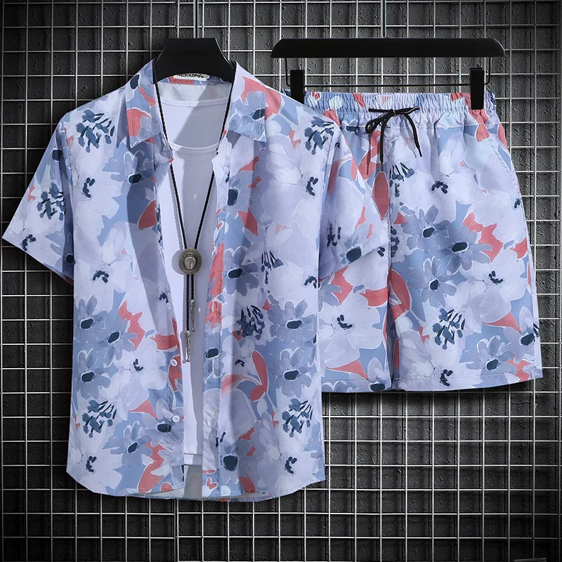 Classic Comfortable Hawaii leaf flower grass 3D Print shirt +Shorts Two Piece Set Short Sleeve Flip collar shirts half pants