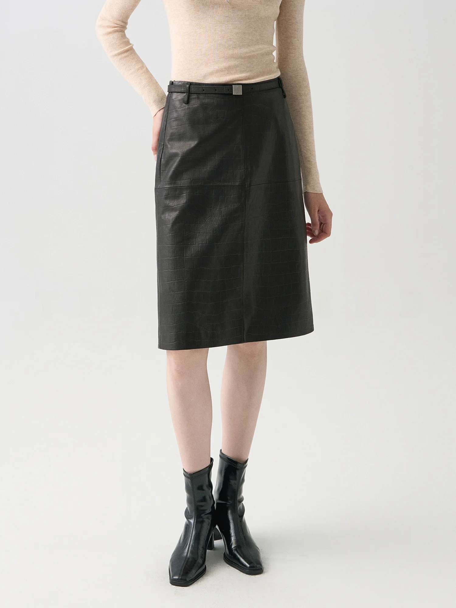 Ruiqia Jie | Cool Alligator Pattern Leather  Skirt Women's Black Mid-Length Bodycon Fashionable Elegance Half Skirt