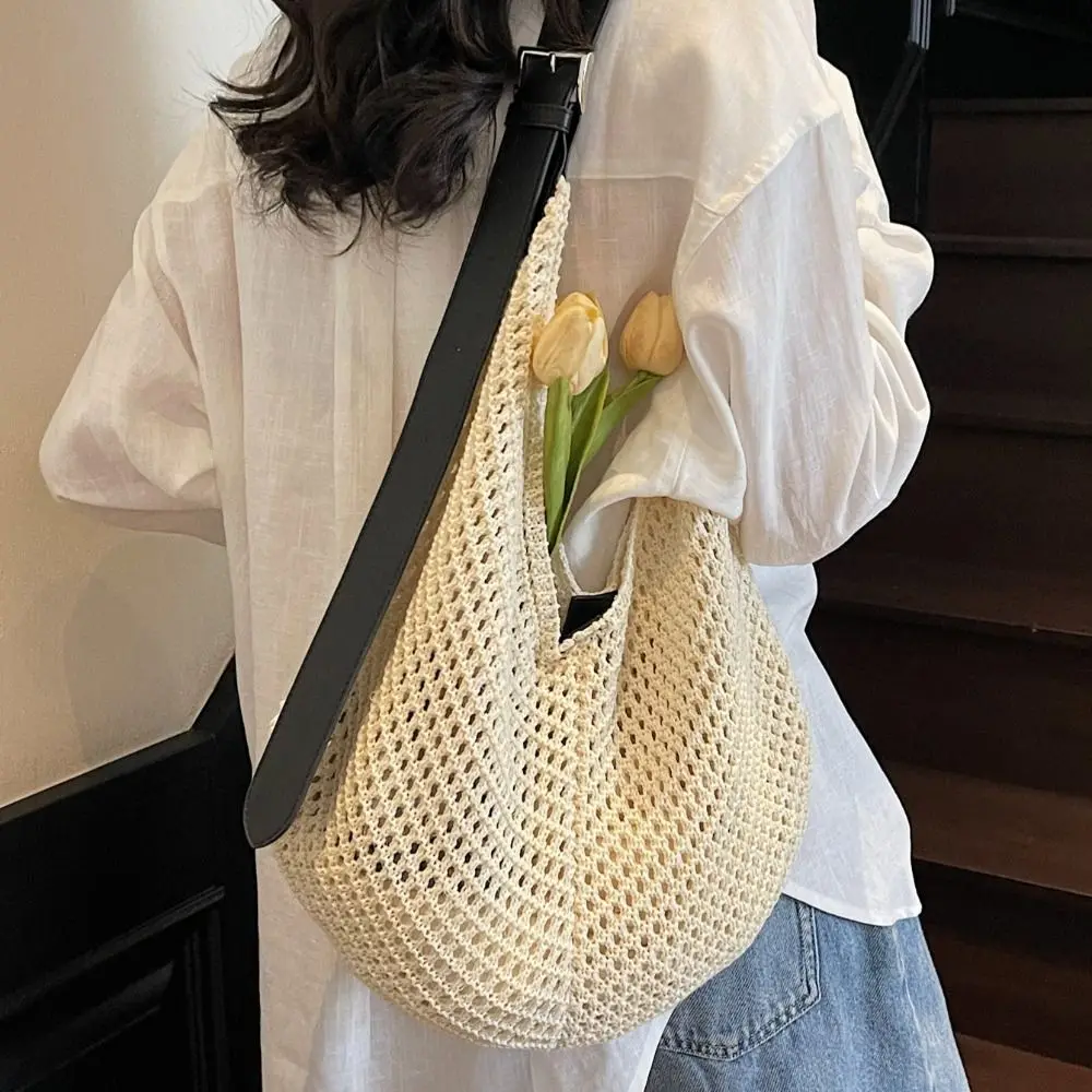 

Portable Shoulder Bag Hollowed Out Knitted Bag Bohemian Handbag Weave Bag Large Capacity Cotton Thread Crochet Tote Bag Travel
