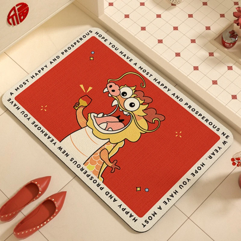 Cartoon Printed Dragon Year Carpet Red Celebration Flannel Floor Mat Household Bedroom Bathroom Non Slip Mat Entrance Door Mat