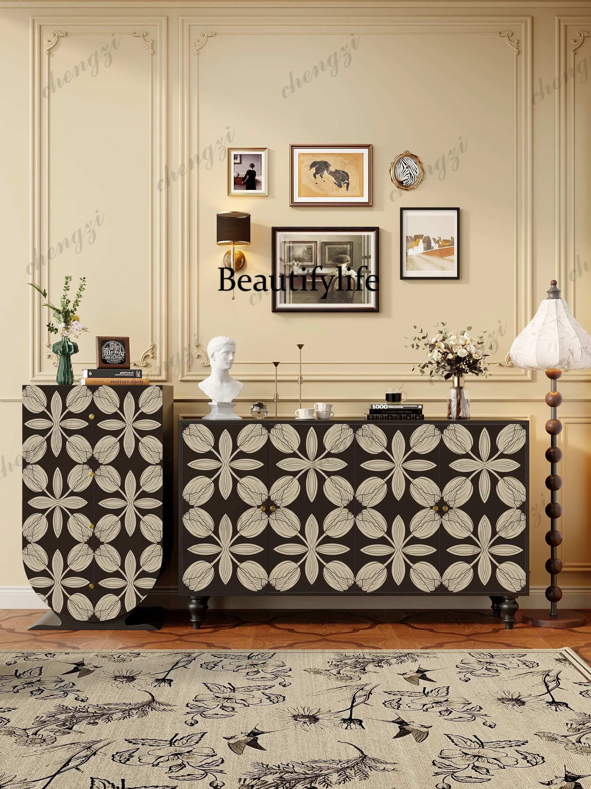 d178 French retro entrance cabinet, painted custom dining side cabinet, living room, bedroom storage cabinet, homestay