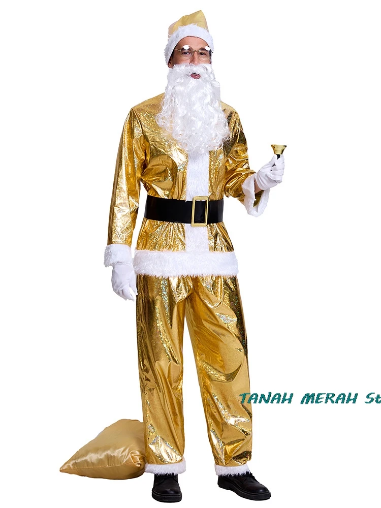 Gold Christmas Santa Claus Costume Men Gold Beard Top Cloth Pants Hat Belt Beard Halloween Dress Up Suit Cosplay Festival Outfit