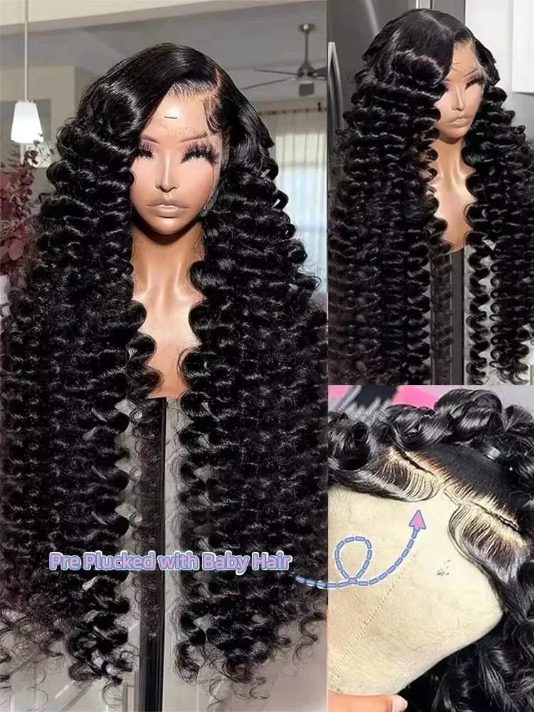 Perruque Lace Frontal Wig naturelle bouclée, cheveux humains, Deep Wave, 40 pouces, 13x6, 13x4, HD, transparente, densité 220, pre-plucked, pour femmes