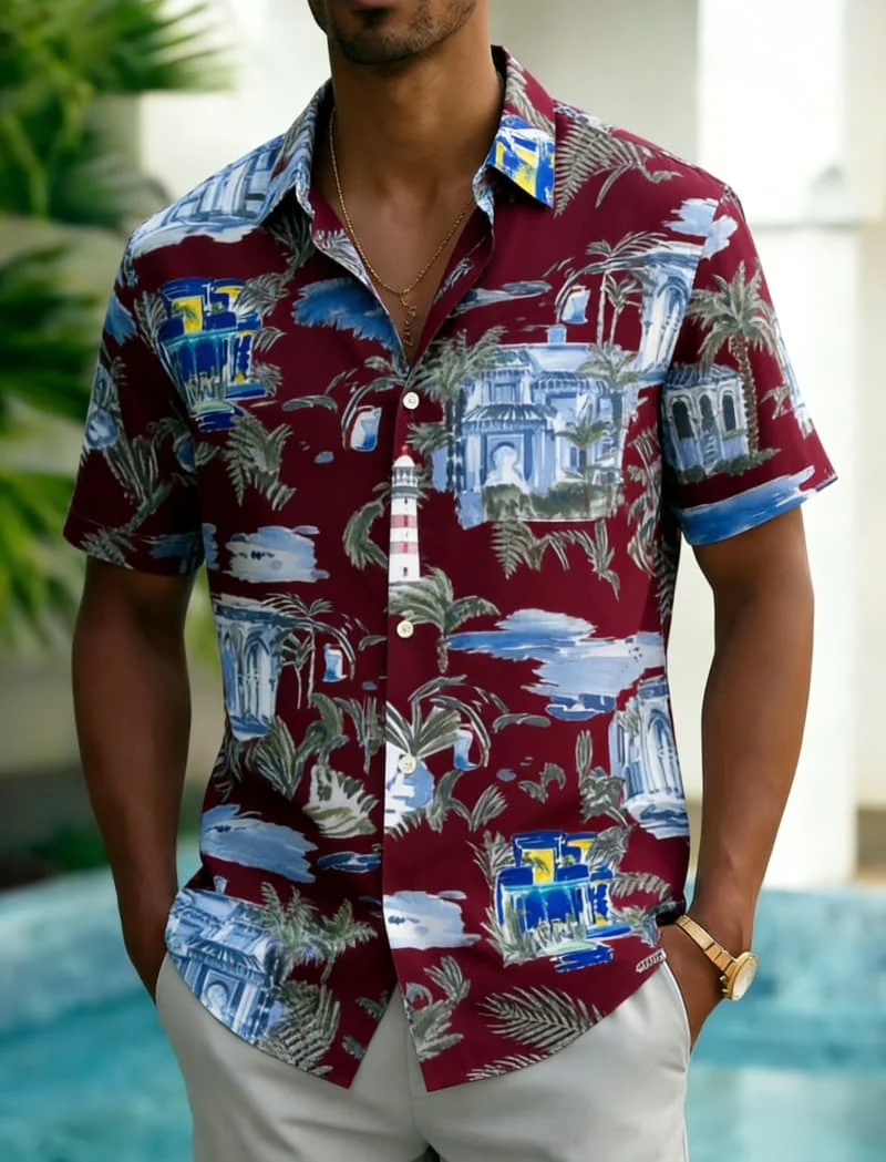 Men's Watercolor Tropical Resort Building Print Shirt, Hawaiian Casual Design for Summer Vacation, Daily Wear & Street Style