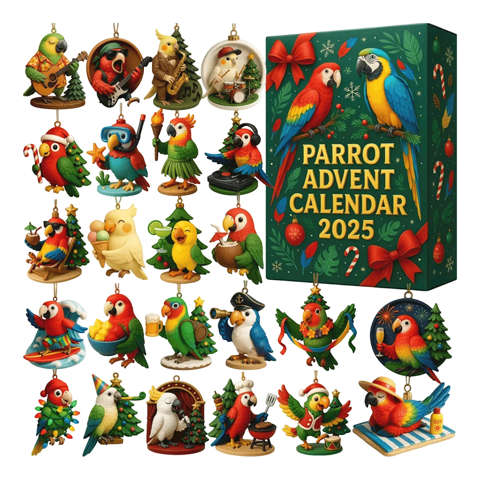 Papageien-Adventskalender, hochwertige Papageien-Anhänger aus Acryl, Vogel-Weihnachtskalender, flacher Weihnachts-Countdown-Kalender für die Familie