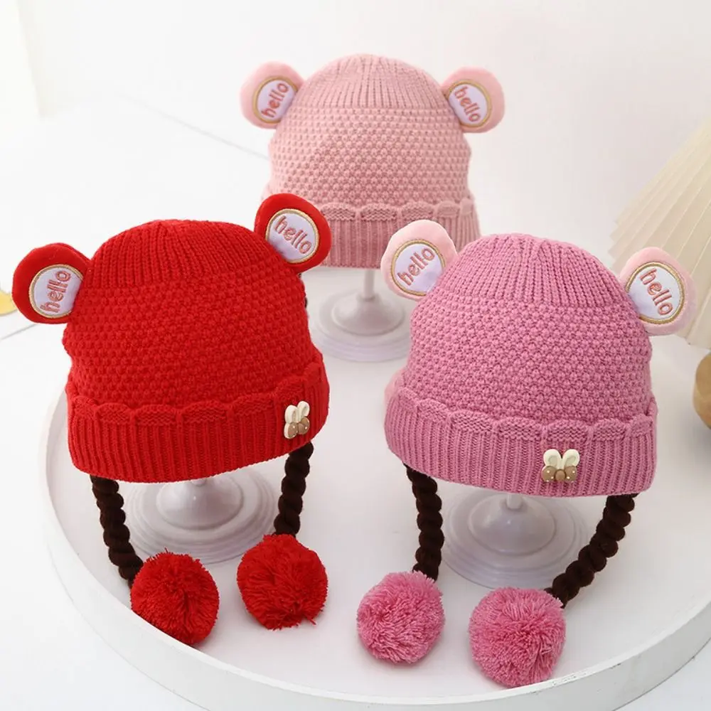 

Cute Warm Knitted Hat Windproof Thickned Ear Protection Hat Cold Proof Wig Braids Cap for Baby
