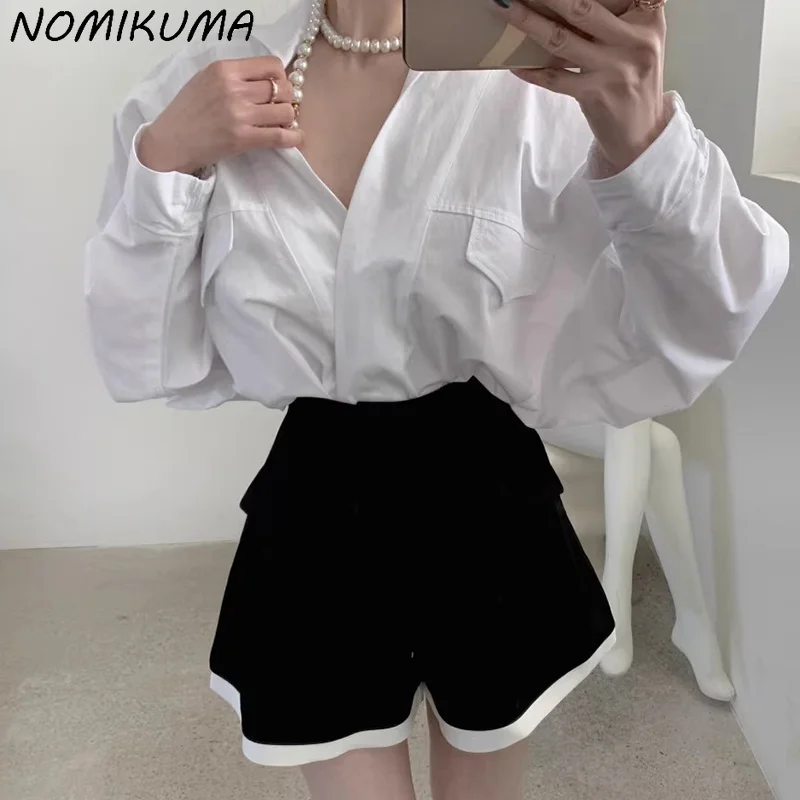 Nomikuma Korean Chic Autumn French Niche V-neck Versatile Long Sleeved Shirt + High Waisted Contrasting Wide Leg Shorts Set