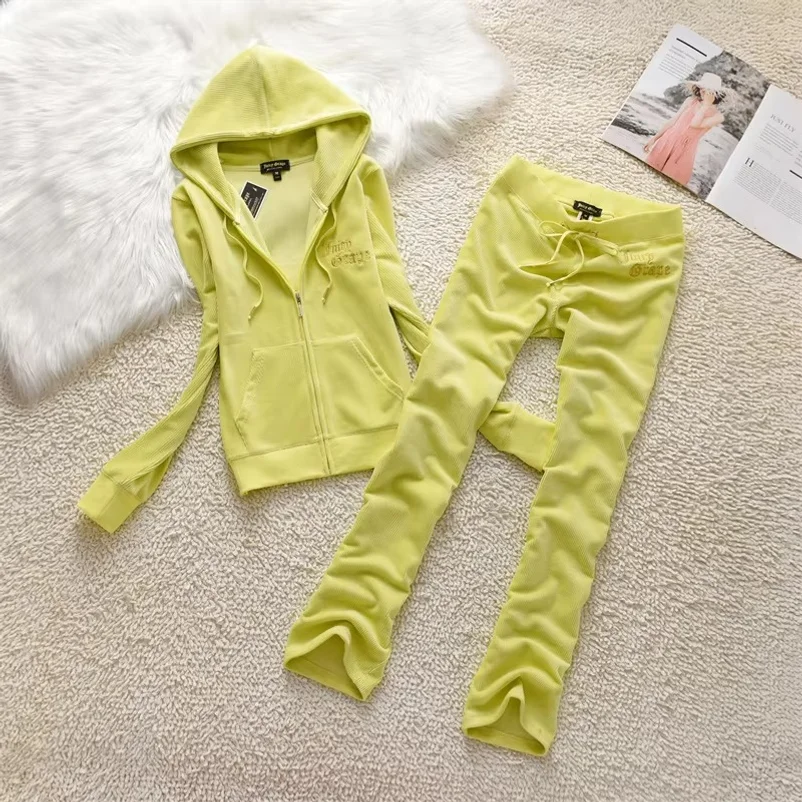 Juicy Crape Brand Fashion Slim Women Sportswear Suits Gray White Yellow Black Slim Casual Tracksuits Hooded Collar Sporting Suit