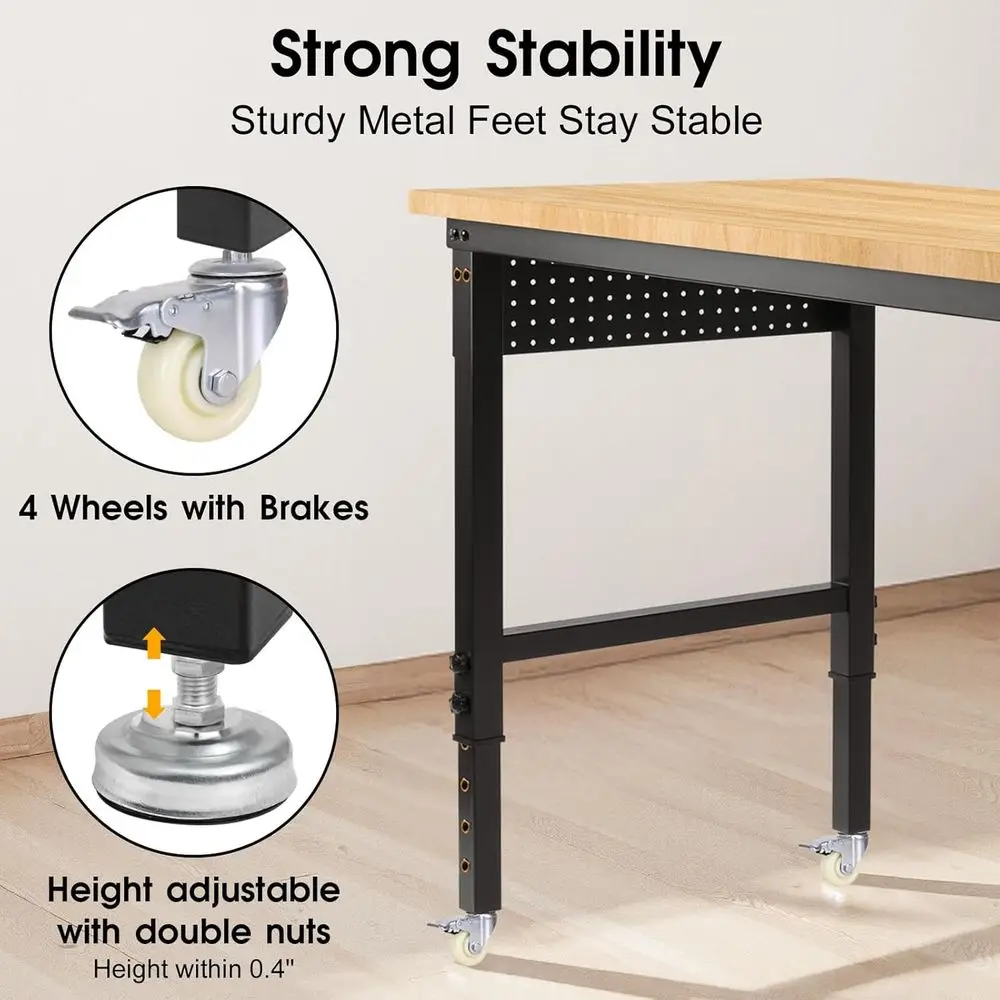 48 منضدة عمل ذات قوة صناعية على عجلات، سعة 2000 رطلاً، طاولة خشبية مطاطية مع منافذ طاقة ولوح بيجب لورش العمل أ #5