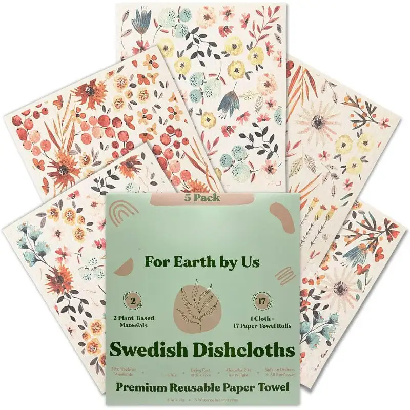 

Swedish Dishcloths for Kitchen | 5 Pack Watercolor Dish Towels | Reusable Paper Towels Washable